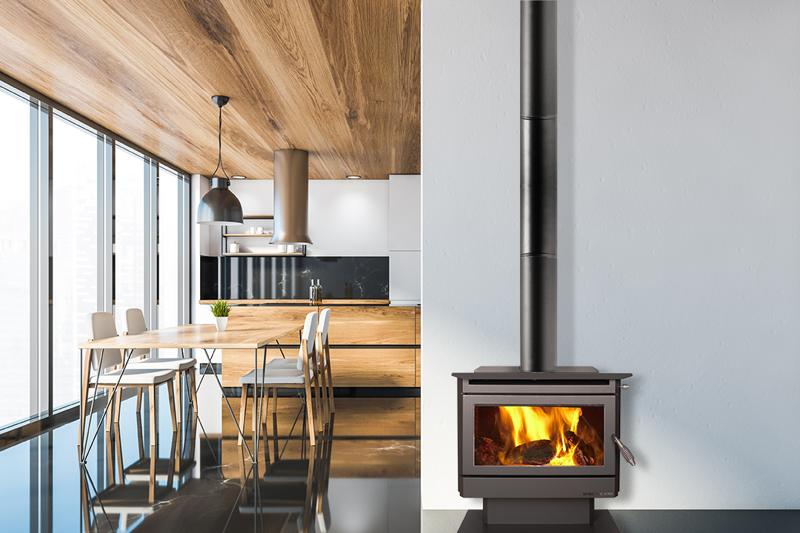Spectre 200 freestanding wood heater next to a kitchen