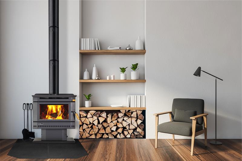 Freestanding wood heater beside timber shelves and stacked wood